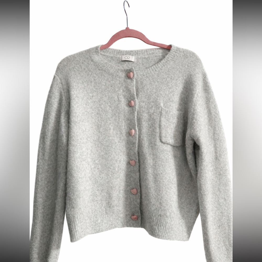Cozy Grey Cardigan with Pink Heart Buttons - O2